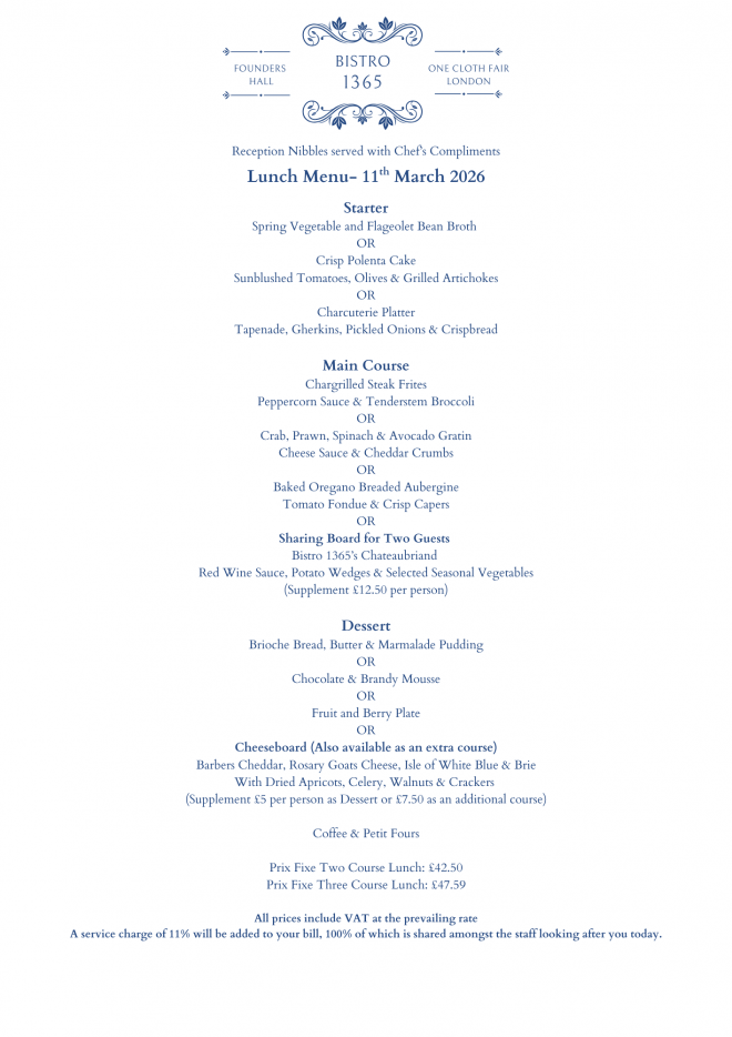 Bistro 1365 March Menu