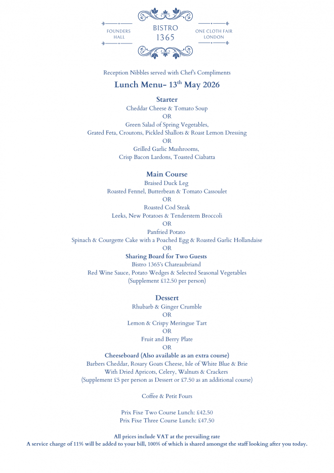 Bistro 1365 March Menu